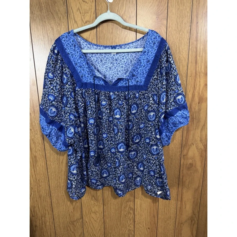 Old Navy Top Womens 4X Blu Tunic Puff Sleeve Tassel Paisley Floral Boho Peasant